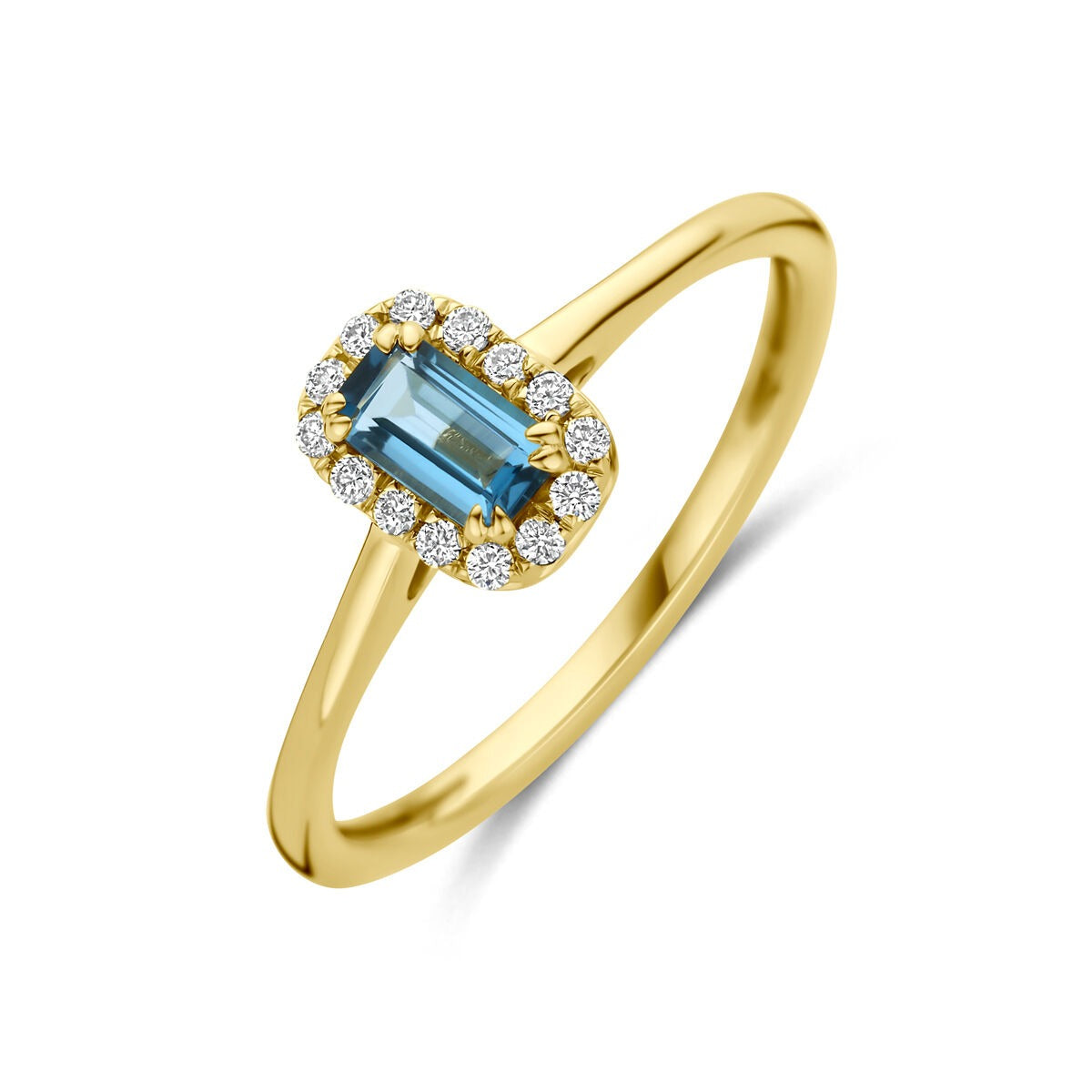 Pierścionek z 14-karatowego żółtego złota z London blue topazem i diamentami lab-grown.