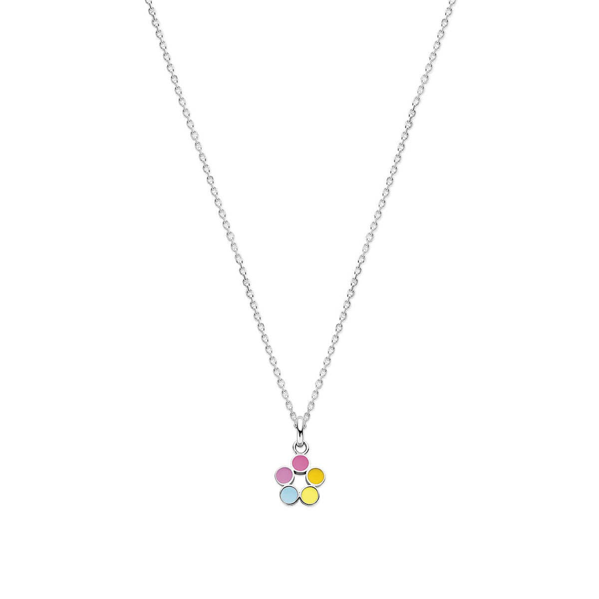 Zilveren kinderketting met een kleurrijk lieveheersbeestje van emaille in roze, blauw en geel.