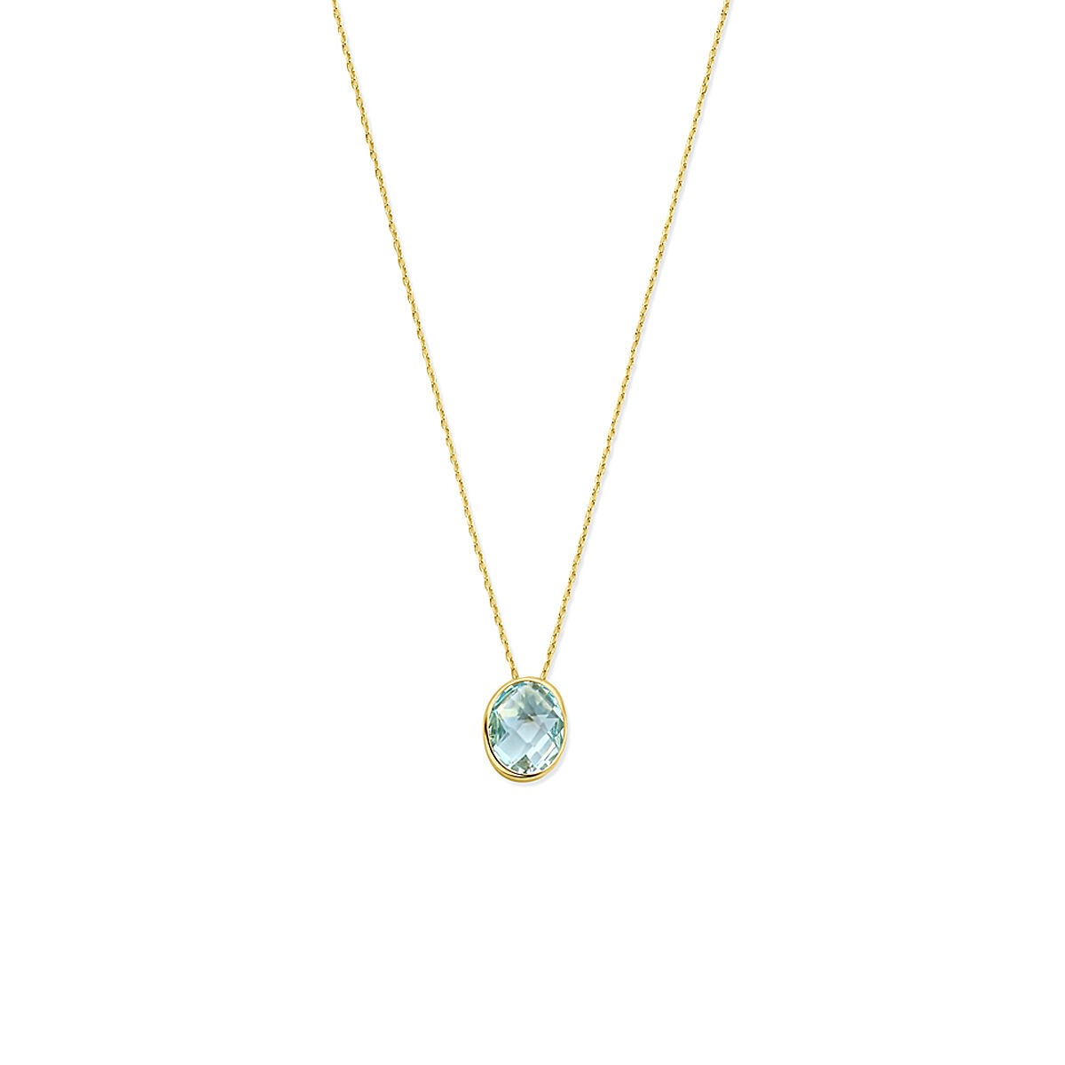 Geelgouden collier met een ovale blauwe topaas, verstelbare lengte van 41-45 cm.