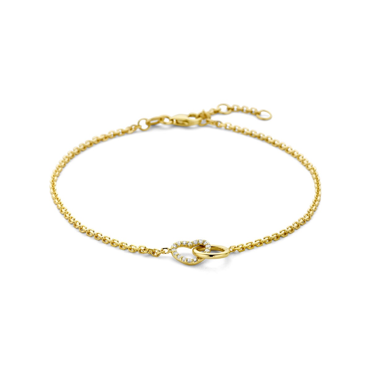 Złota bransoletka z okrągłym i sercowym wisiorkiem z diamentem lab grown 0,09 ct.