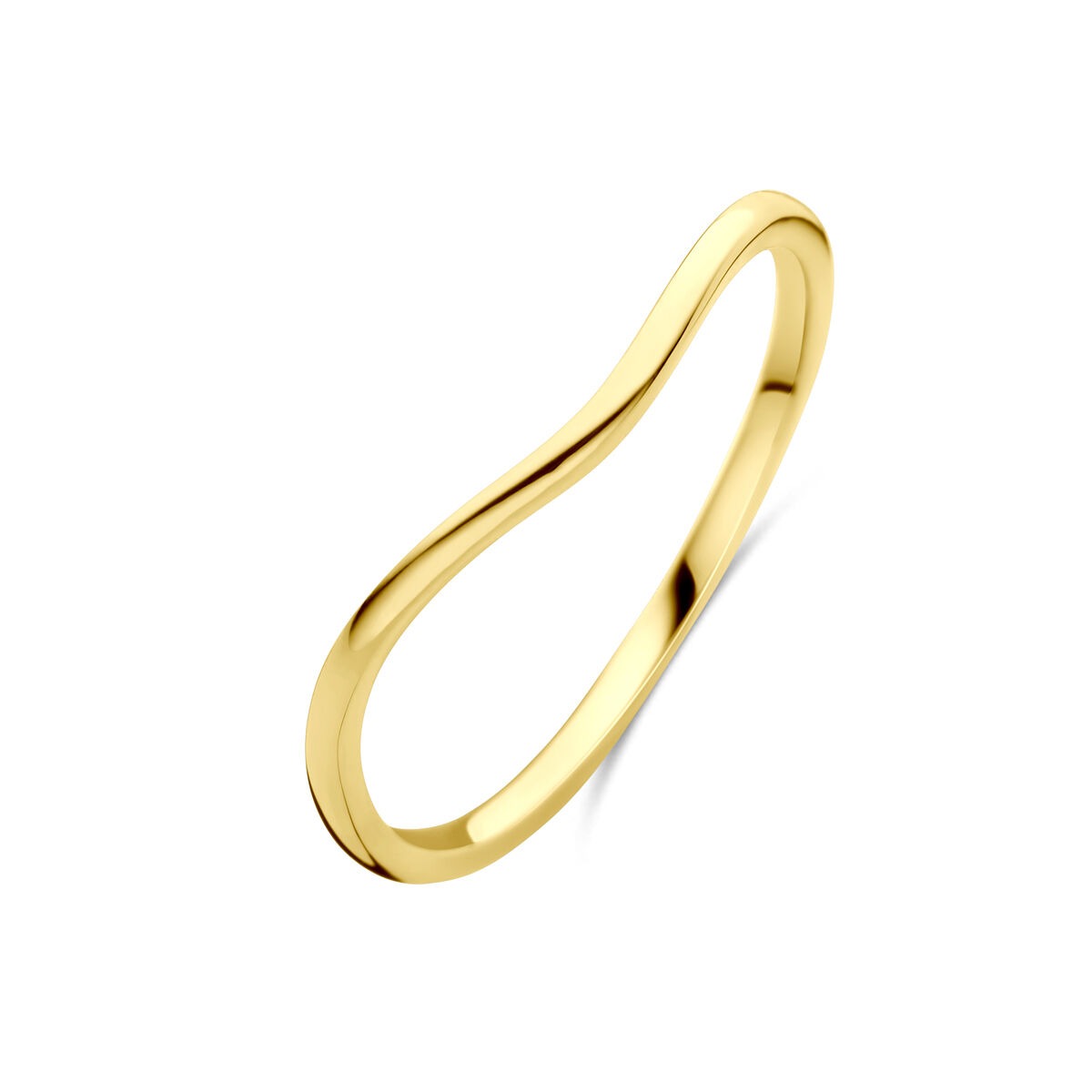 Geelgouden ring van 14k met een gladde, golvende vorm en een breedte van 3 mm.