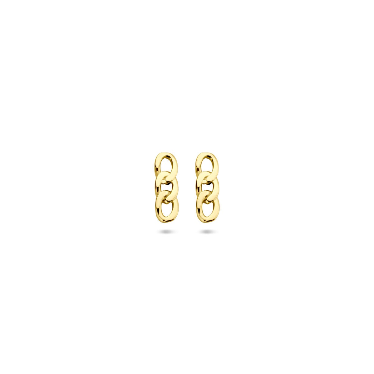Geelgouden staafvormige oorknoppen met een afmeting van 8,5 x 2,5 mm.