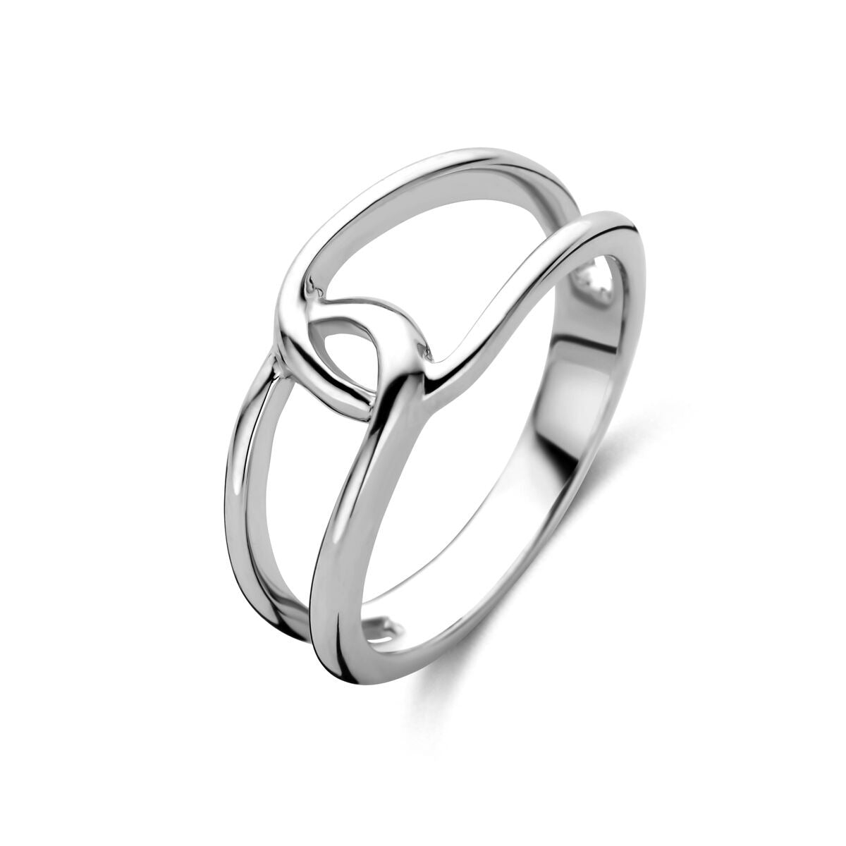 Gerhodineerde zilveren ring met een moderne, opengewerkte vorm en een breedte van 9 mm.