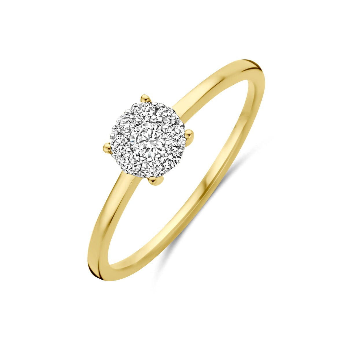 Pierścionek z bicolor złota 14k z diamentem 0,19 ct, okrągła główna część z błyszczącymi kamieniami.