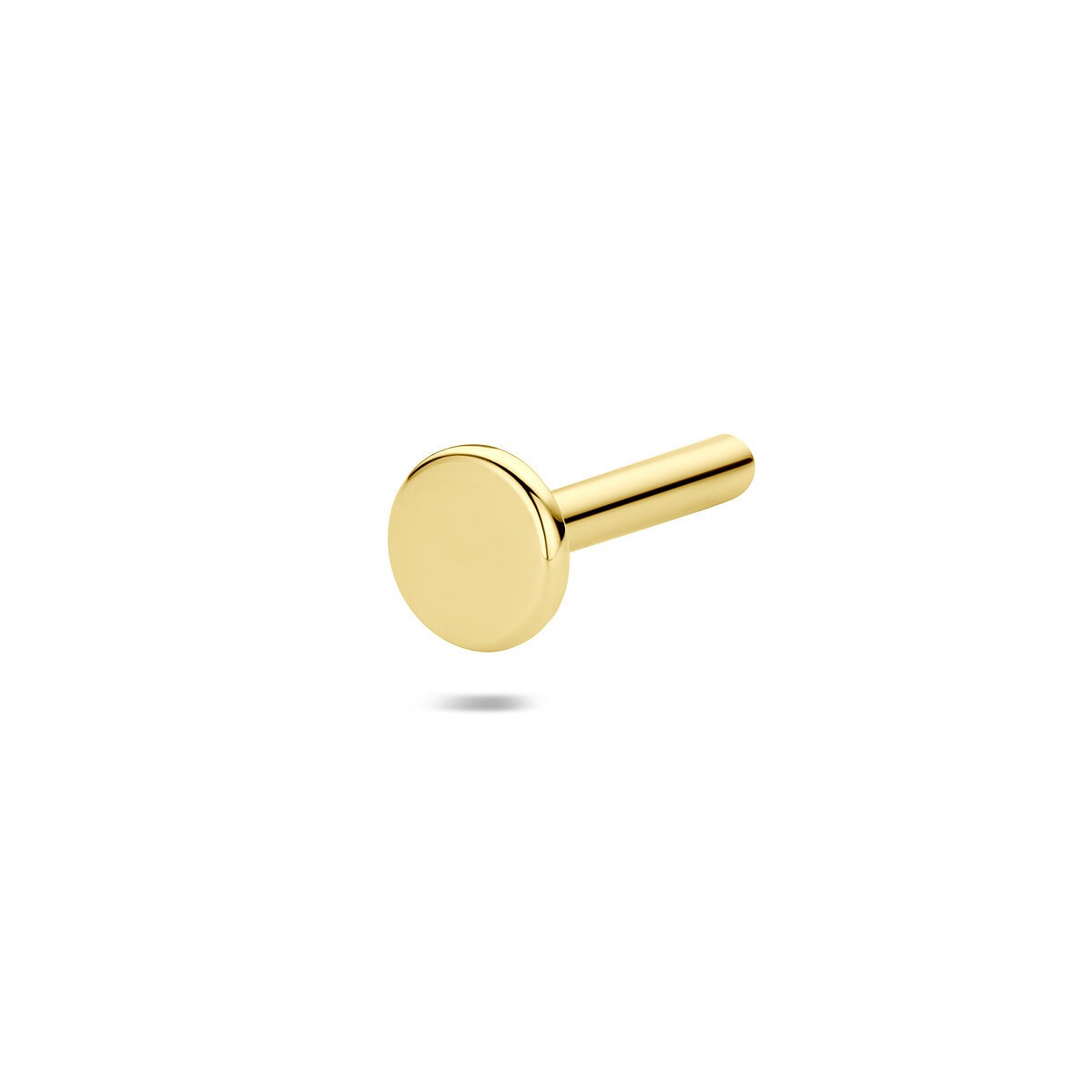 Złoty stift do piercingu z płaskim końcem, wykonany z 14k złota, o gładkiej powierzchni.