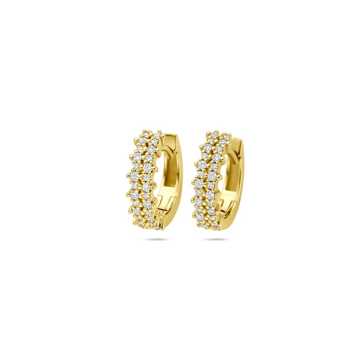 Złote kolczyki koła z diamentami – 0,27 ct, o wymiarach 12,5 x 4 mm.