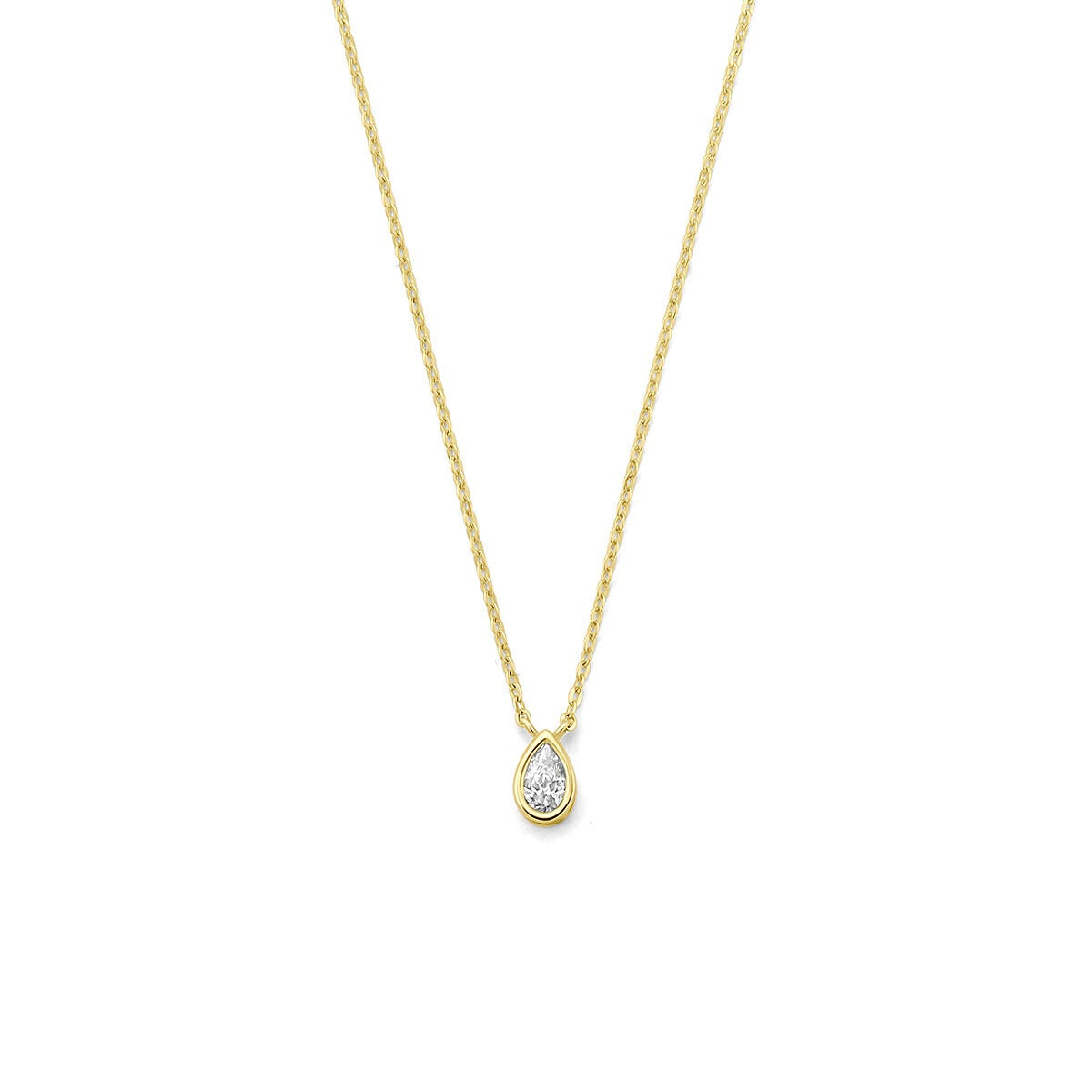 Geelgouden collier met een druppelvormige hanger bezet met zirkonia.