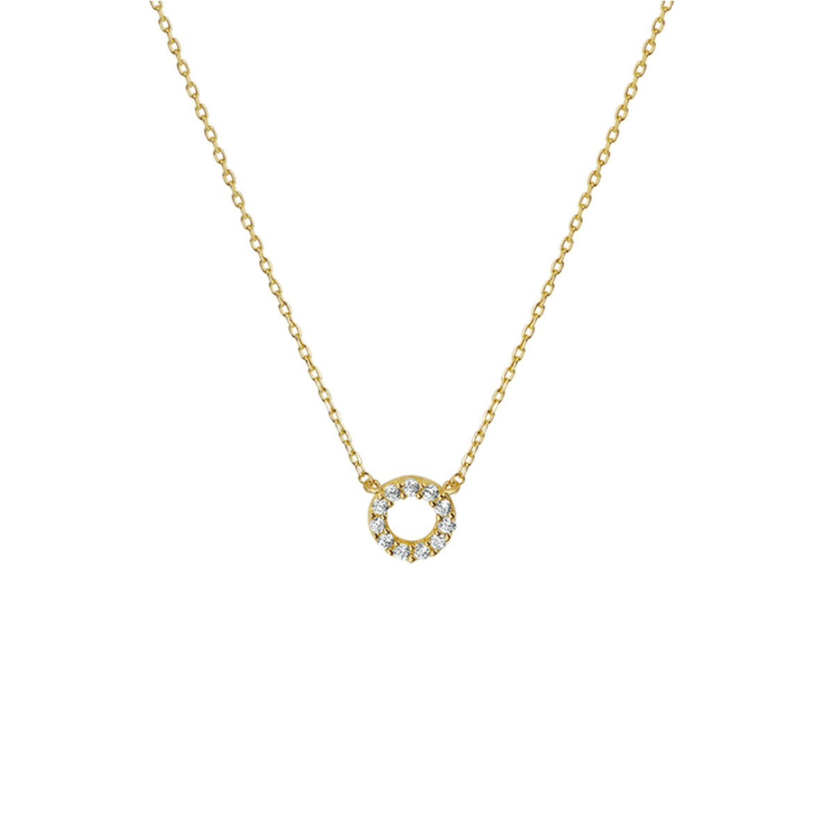 Geelgouden collier van 9k met een ronde zirkonia hanger, omringd door kleine steentjes.
