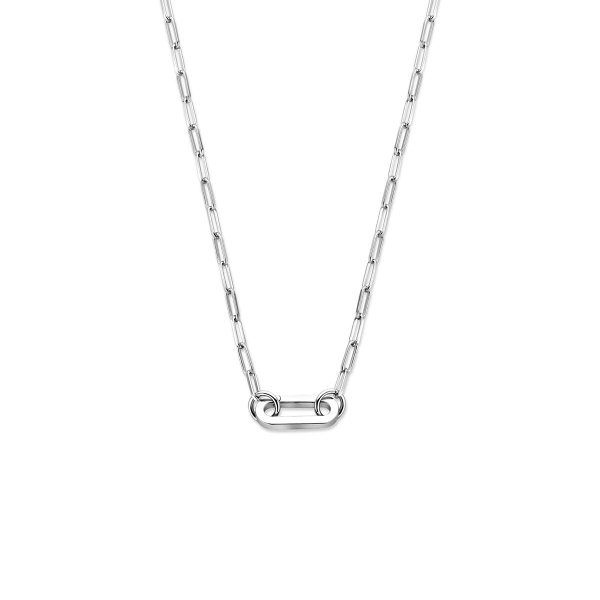 Zilveren paperclip ketting van gerhodineerd 925 zilver met een centrale connector.
