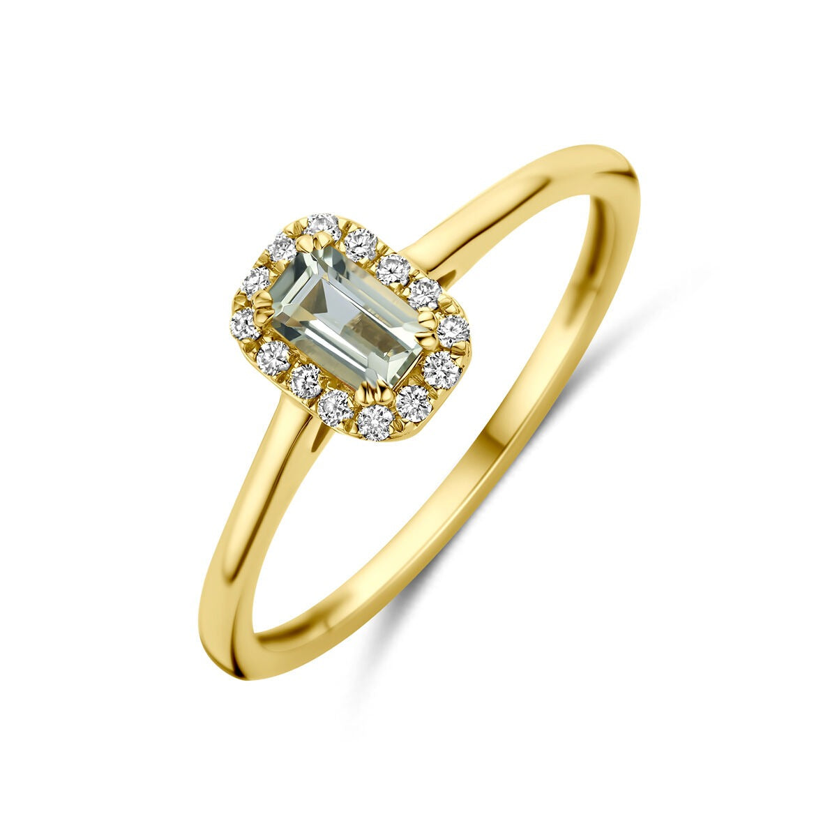 Pierścionek z 14-karatowego żółtego złota z zieloną ametystą i diamentem lab-grown, o prostym, eleganckim kształcie.