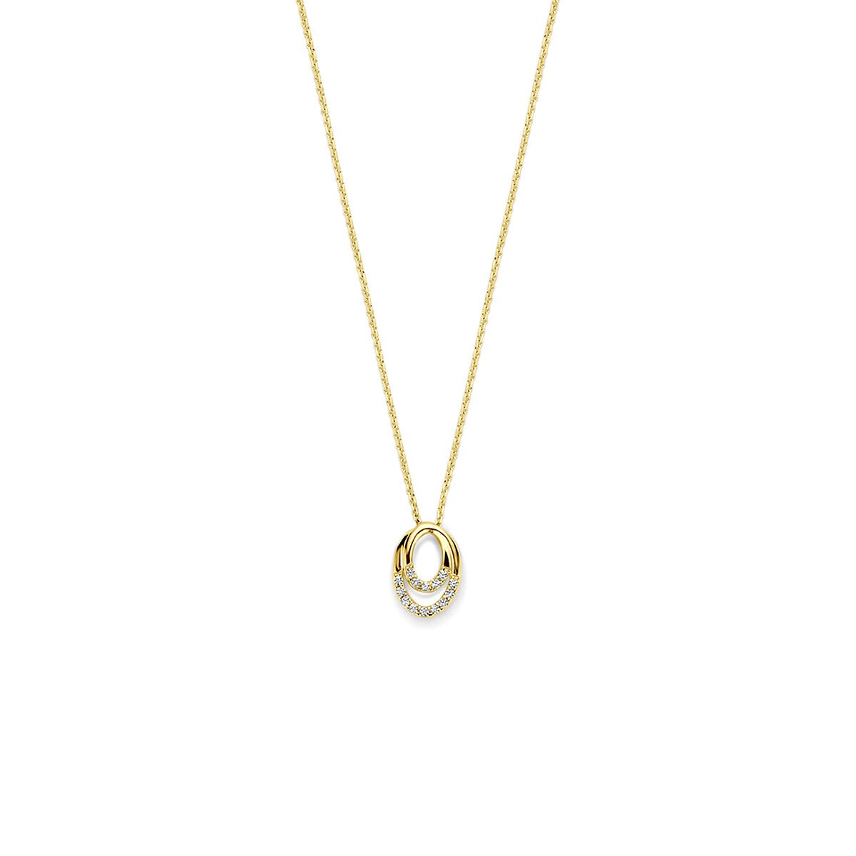 Gouden collier van 14k met een ovale zirkonia in entourage zetting.