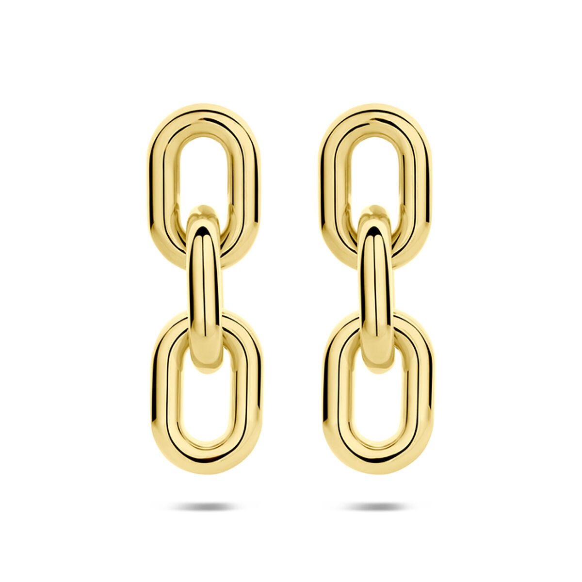 Goudkleurige stalen oorhangers met een dubbele ovalen schakel, 65 mm lang.