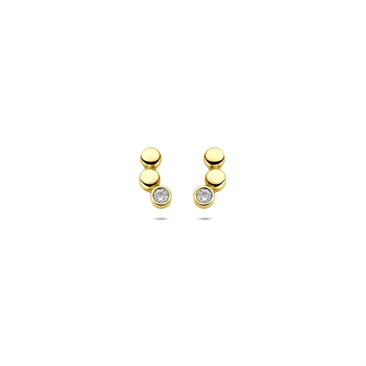 Złote kolczyki z cyrkonią, o wymiarach 8,5x4mm, z trzema okrągłymi elementami.