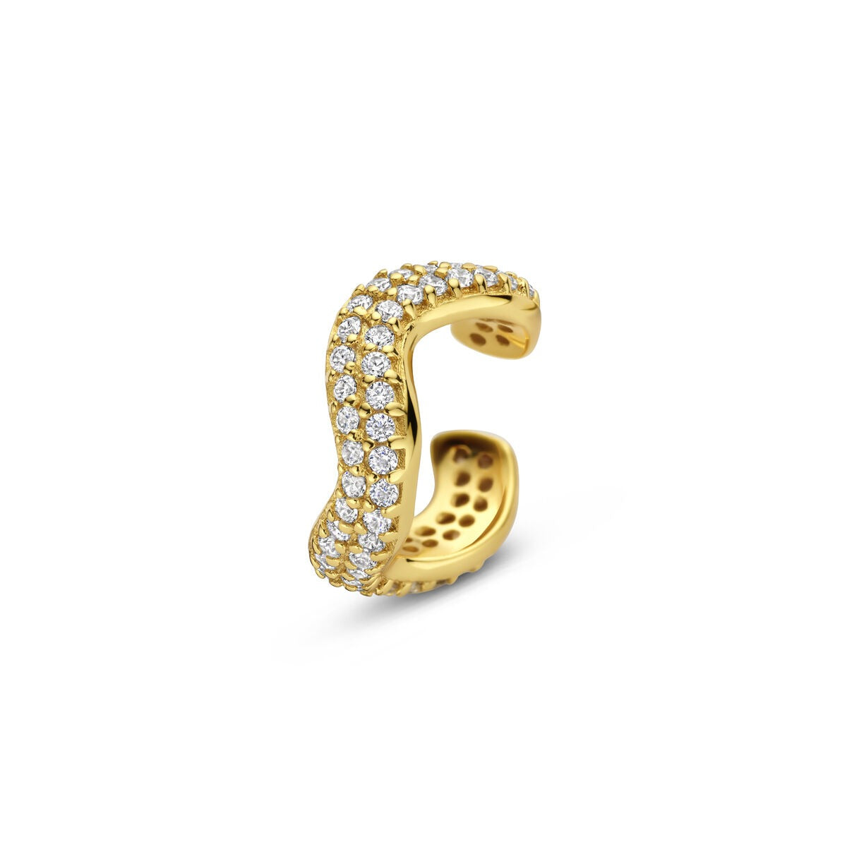 Złoty ear cuff ze srebrem, ozdobiony lśniącymi cyrkoniami, bez konieczności przekłucia.
