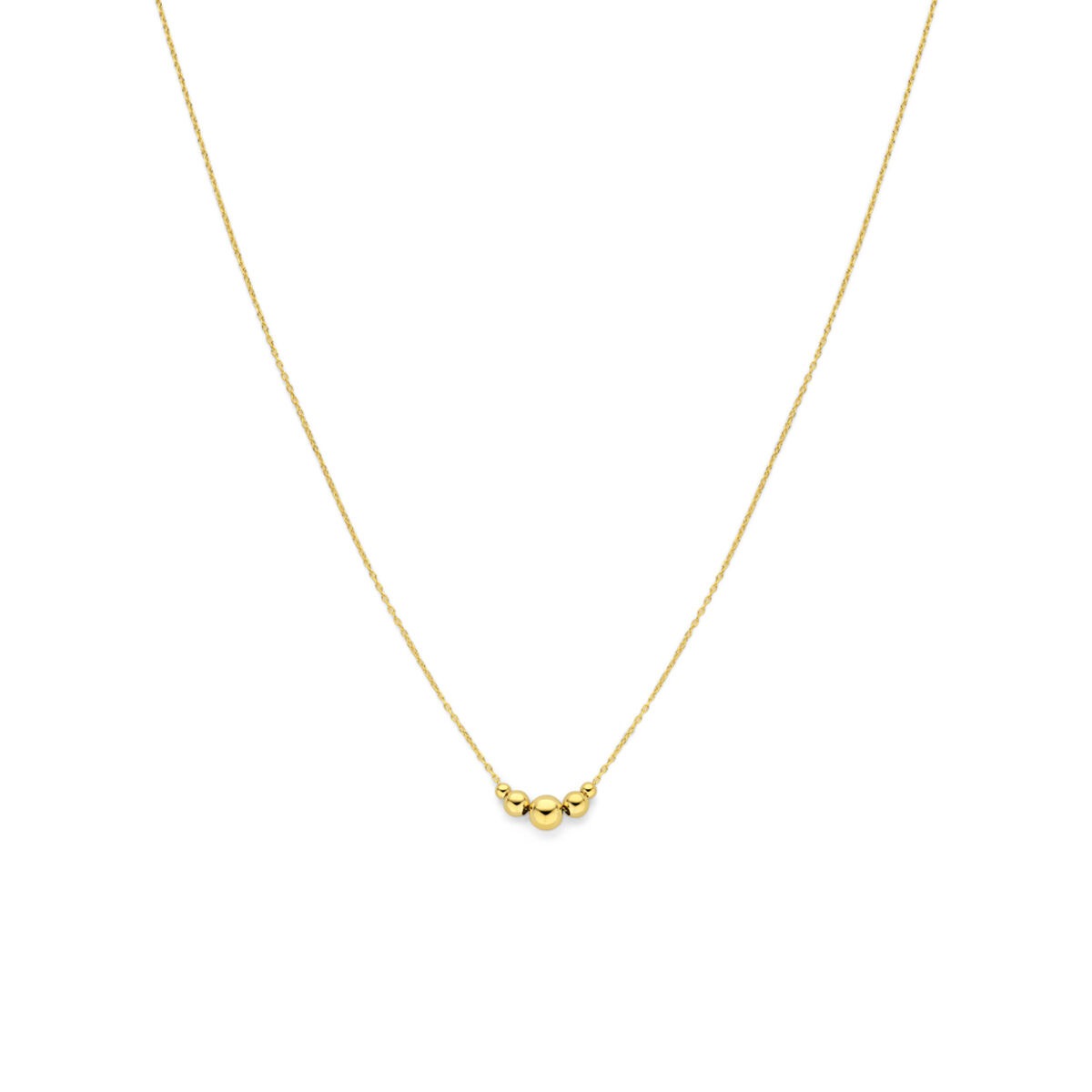 Geelgouden collier met drie bolletjes, fijne schakelketting.