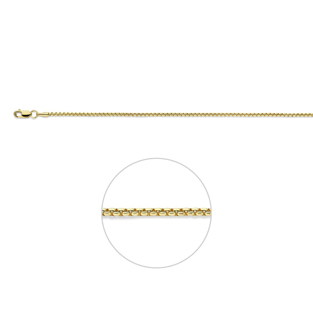 14k geelgouden Venetiaanse ketting met zilverkern, 45 cm lang, met een fijne schakelstructuur.