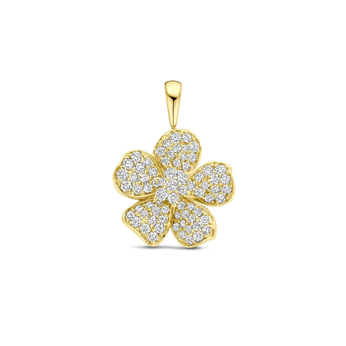 Gouden bloemvormige hanger bezet met heldere steentjes.