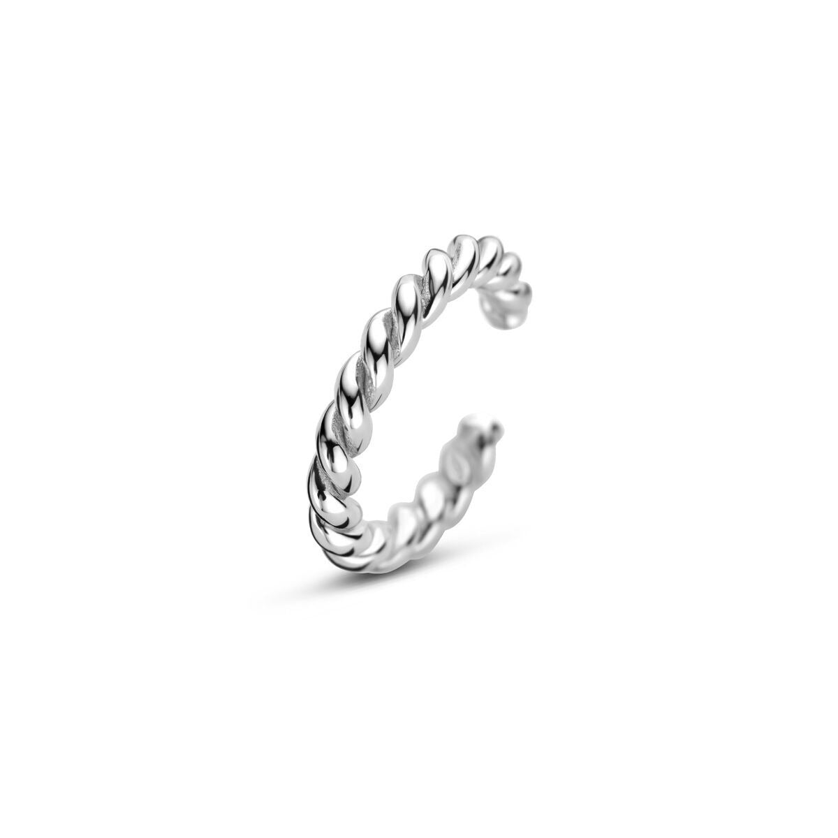 Srebrny ear cuff, gerhodynowany, o plecionym wzorze.