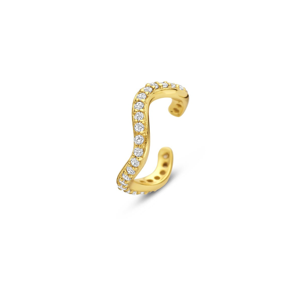 Złoty ear cuff z cyrkoniami w kształcie falistym, bez konieczności przekłucia.
