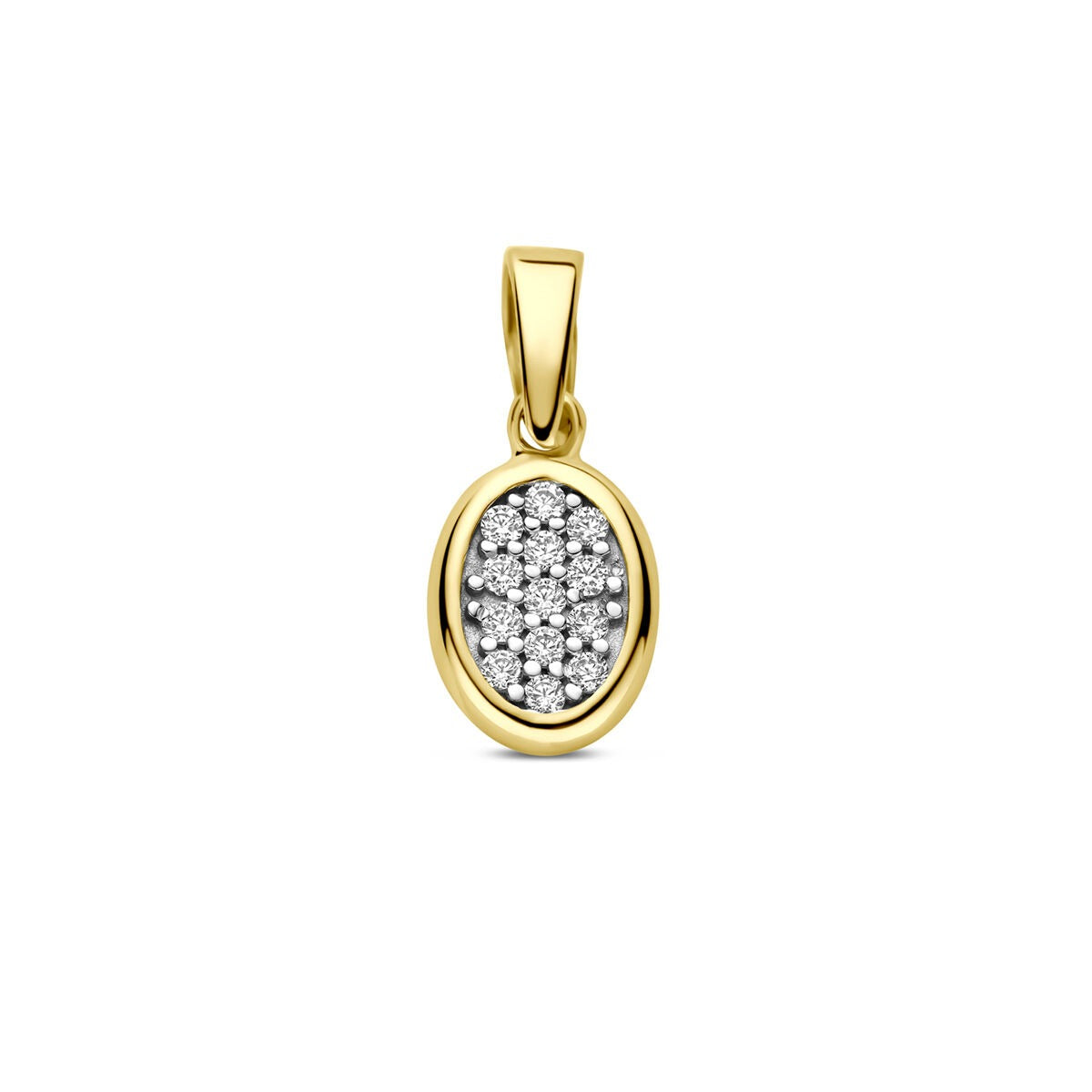 Geelgouden hanger in ovale vorm met een bedekking van zirkonia-steentjes.