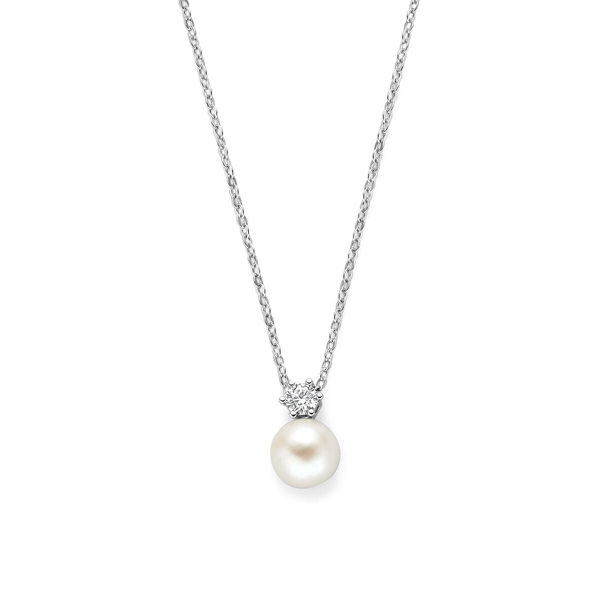 Gerhodineerd 925 zilveren collier met een witte parel en een zirkonia hanger.