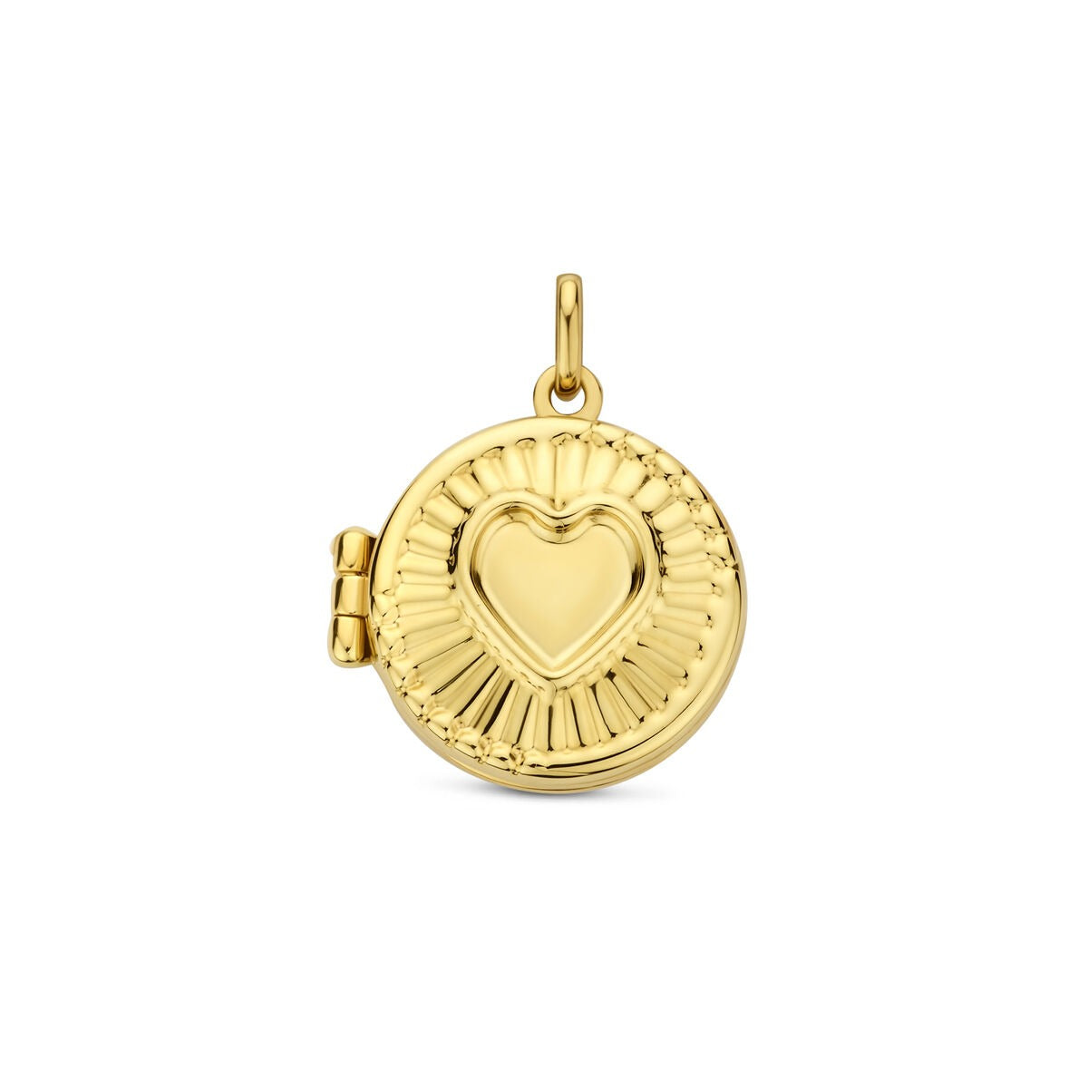 Geelgouden medaillon met een hartvormige uitsparing en een geribbelde afwerking.