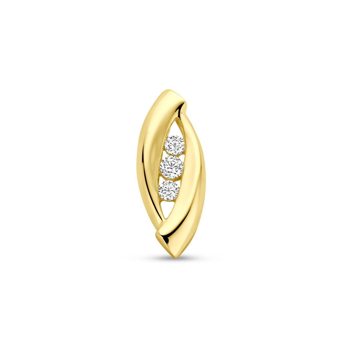 Geelgouden hanger van 14k met drie zirkonia's in een golvende vorm, 15 mm lang.