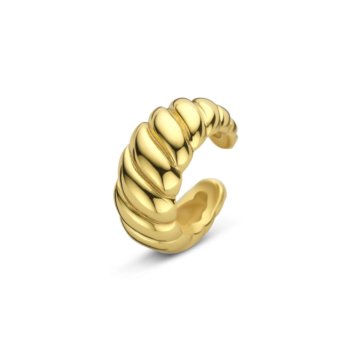 Złoty ear cuff o nowoczesnym, eleganckim wzorze z falistymi detalami.