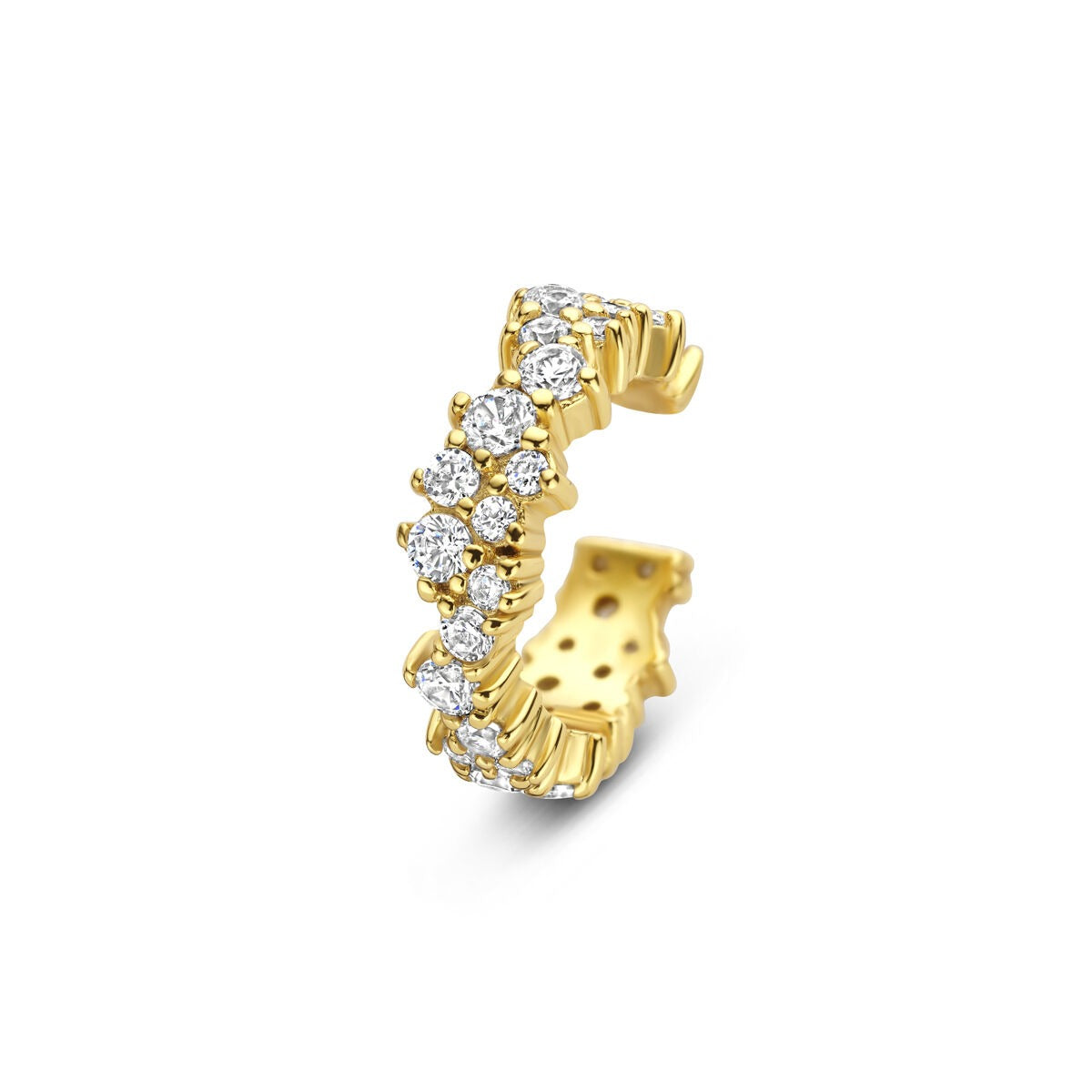 Złoty ear cuff z cyrkoniami w kształcie falistej linii, bez konieczności przekłucia.