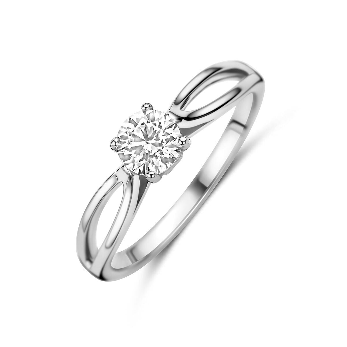 Gerhodineerde 925 zilveren ring met een ronde zirkonia en een opengewerkte band.