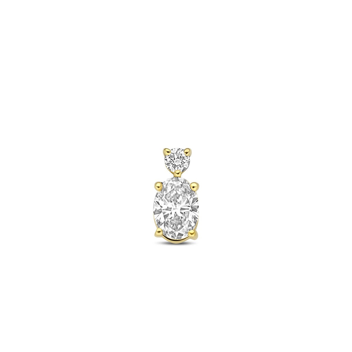 Złoty wisiorek z lab-grown diamentem, owalny kamień w centralnej części, mniejszy diament u góry.