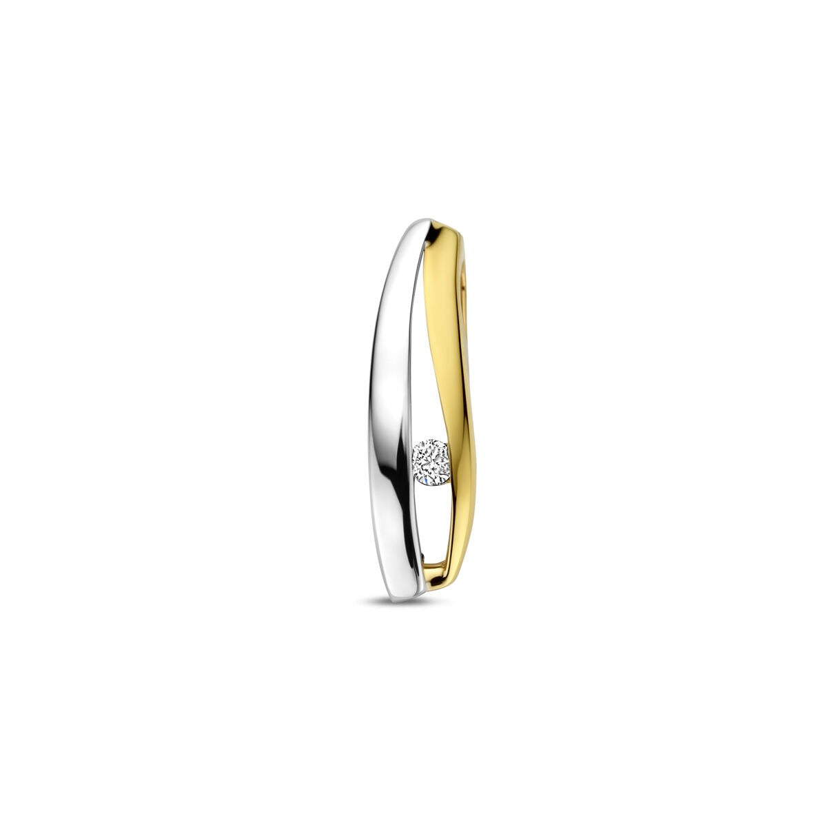 Wisiorek z lab-grown diamentem 0,04 ct, wykonany z bicolor złota 14K w kolorze żółtym i białym, o nowoczesnym kształcie.
