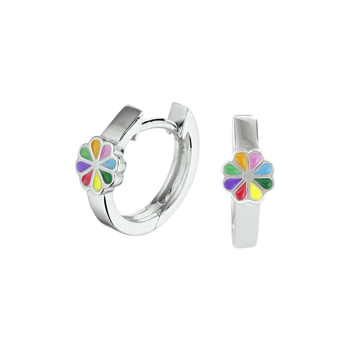 Gerhodineerde zilveren kinder oorringen met kleurrijke bloemen-emaille, diameter 12,5 mm.