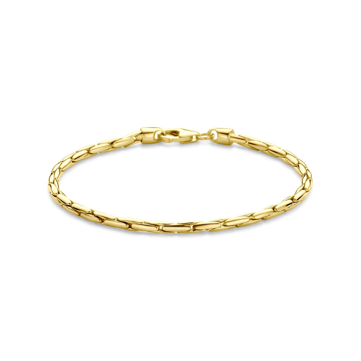 Bransoletka damska z 14-karatowego żółtego złota z srebrnym rdzeniem, o szerokości 2,8 mm i długości 19 cm.