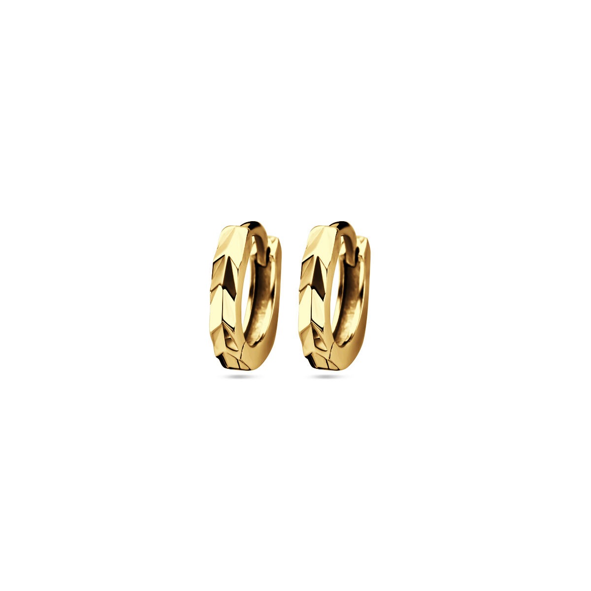 Vergulde zilveren klapoorringen van 12 mm met een gehamerde afwerking en een goudkleurige glans.