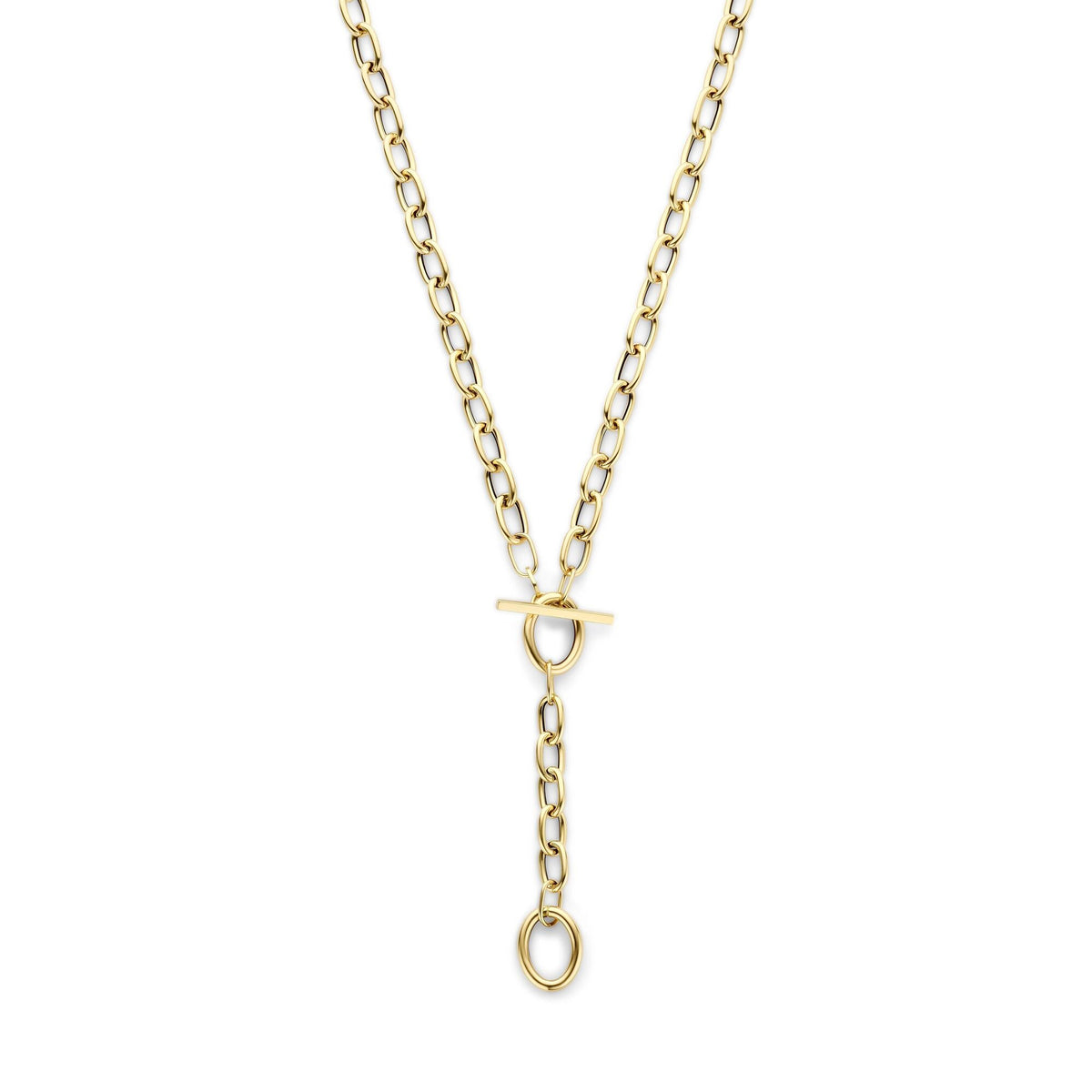 Geelgouden Y-collier met ankerschakels en een eenvoudige sluiting.