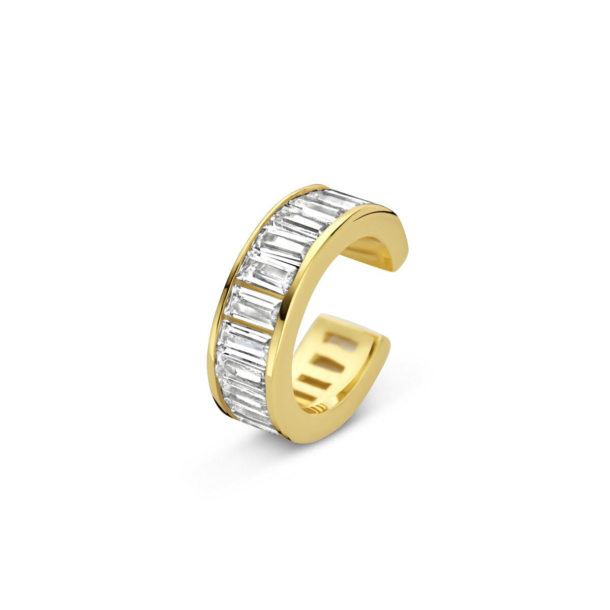 Złoty ear cuff z sześciennymi cyrkoniami, o nowoczesnym kształcie i błyszczącej powierzchni.