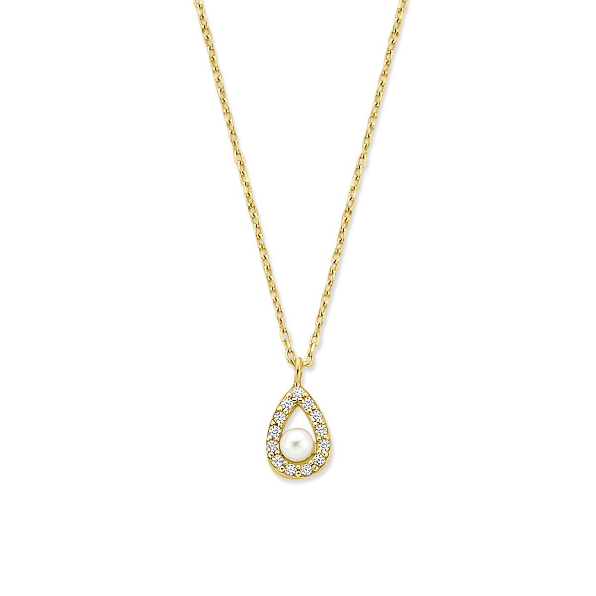 14k geelgouden ketting met een druppelvormige hanger, versierd met een parel en zirkonia-steentjes.