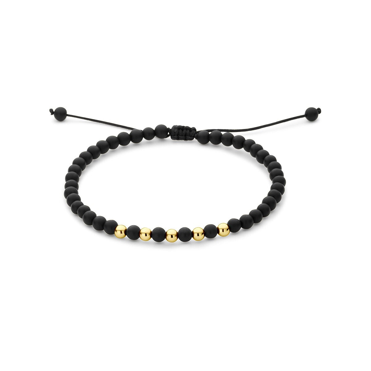 Geelgouden armband met zwarte onyx kralen en zwarte polyester koord, verstelbaar ontwerp.