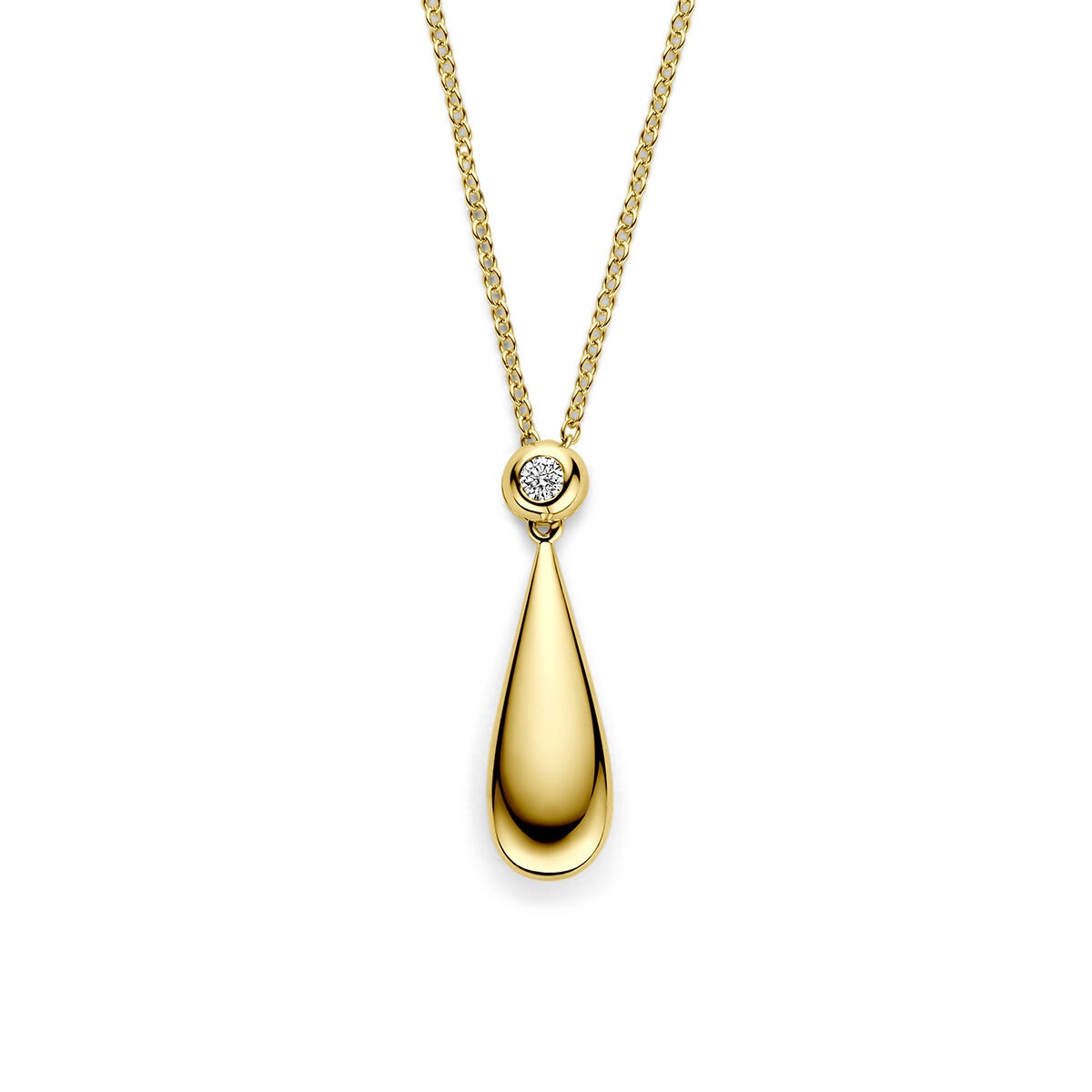 Geelgouden collier met een druppelvormige hanger en een diamant van 0,15 ct.
