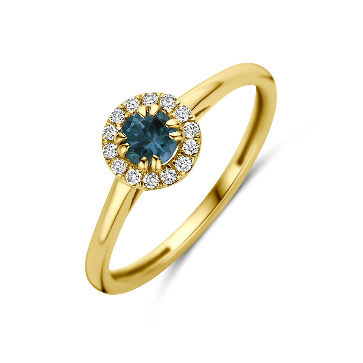 Pierścionek z 14-karatowego żółtego złota z London blue topazem i diamentami.