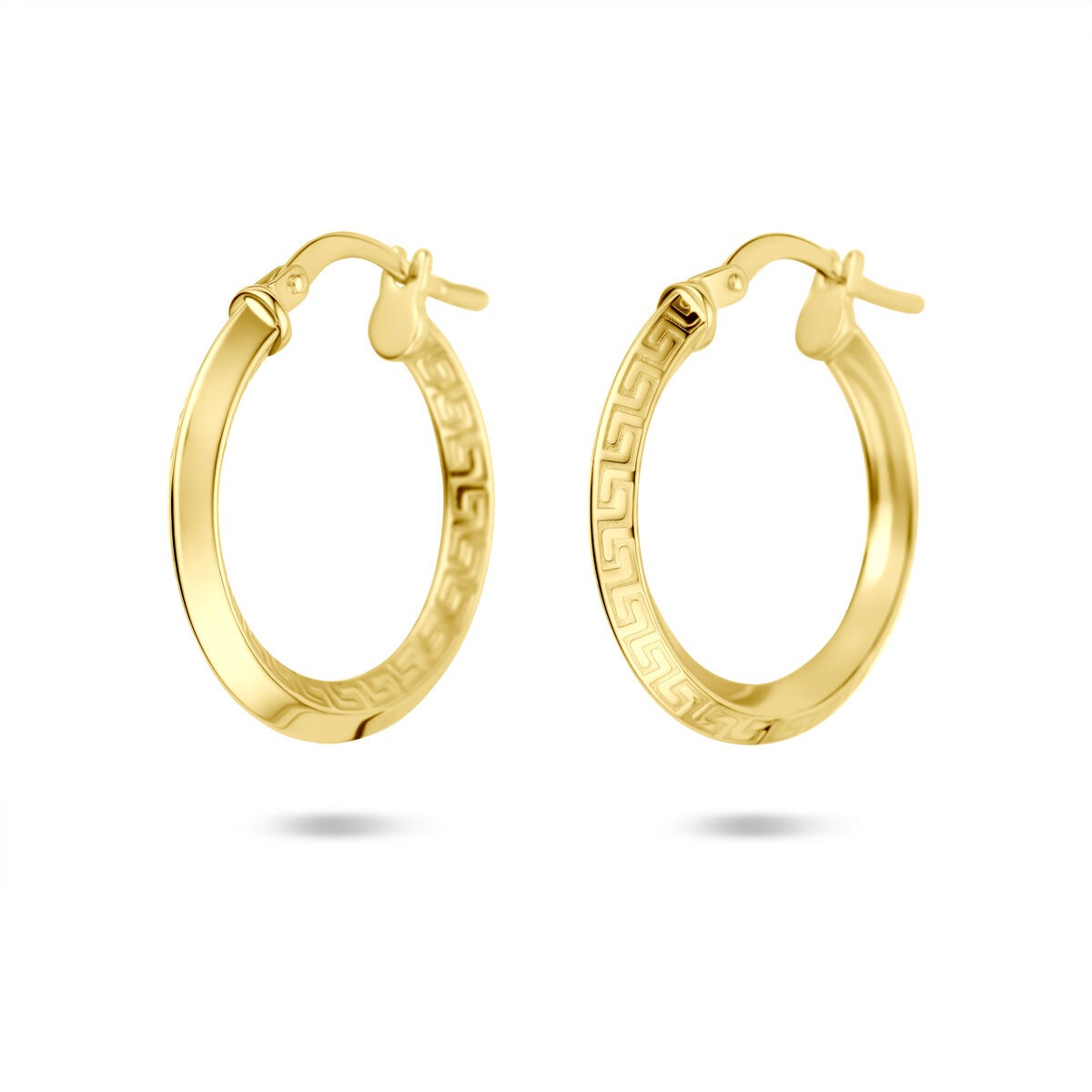 Gouden oorringen met scharniersluiting, 14k Silgold, 2,5 mm, met een gegraveerd patroon.