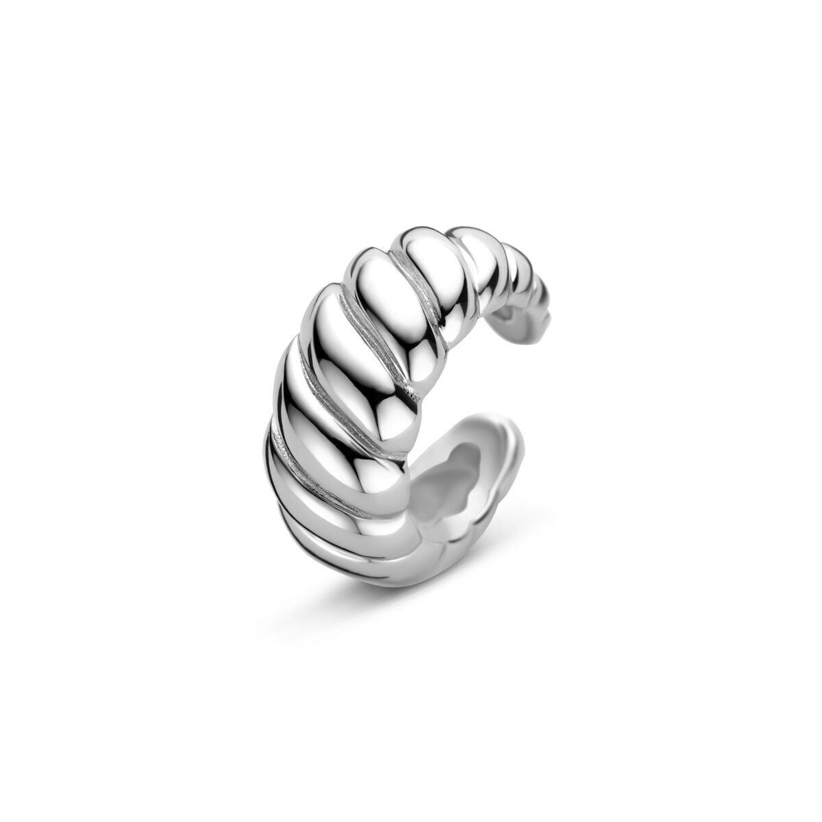 Srebrny ear cuff, gerhodynowany, o wymiarach 13,5x6 mm, z falistym wzorem.