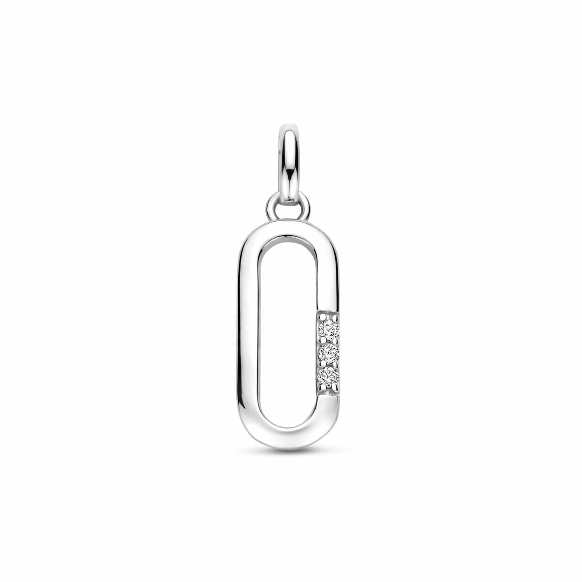 Zilveren hanger in de vorm van een ovaal met zirkonia in entourage zetting, 20 mm lang.