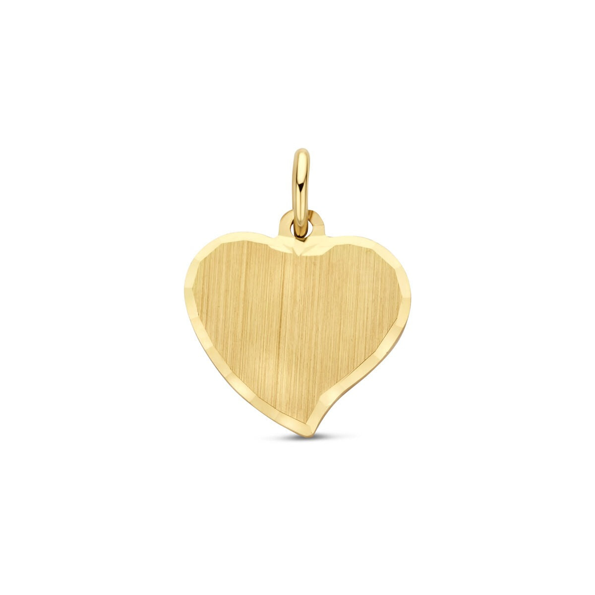 Geelgouden hart graveerhanger met een geborstelde afwerking en een glanzende rand.