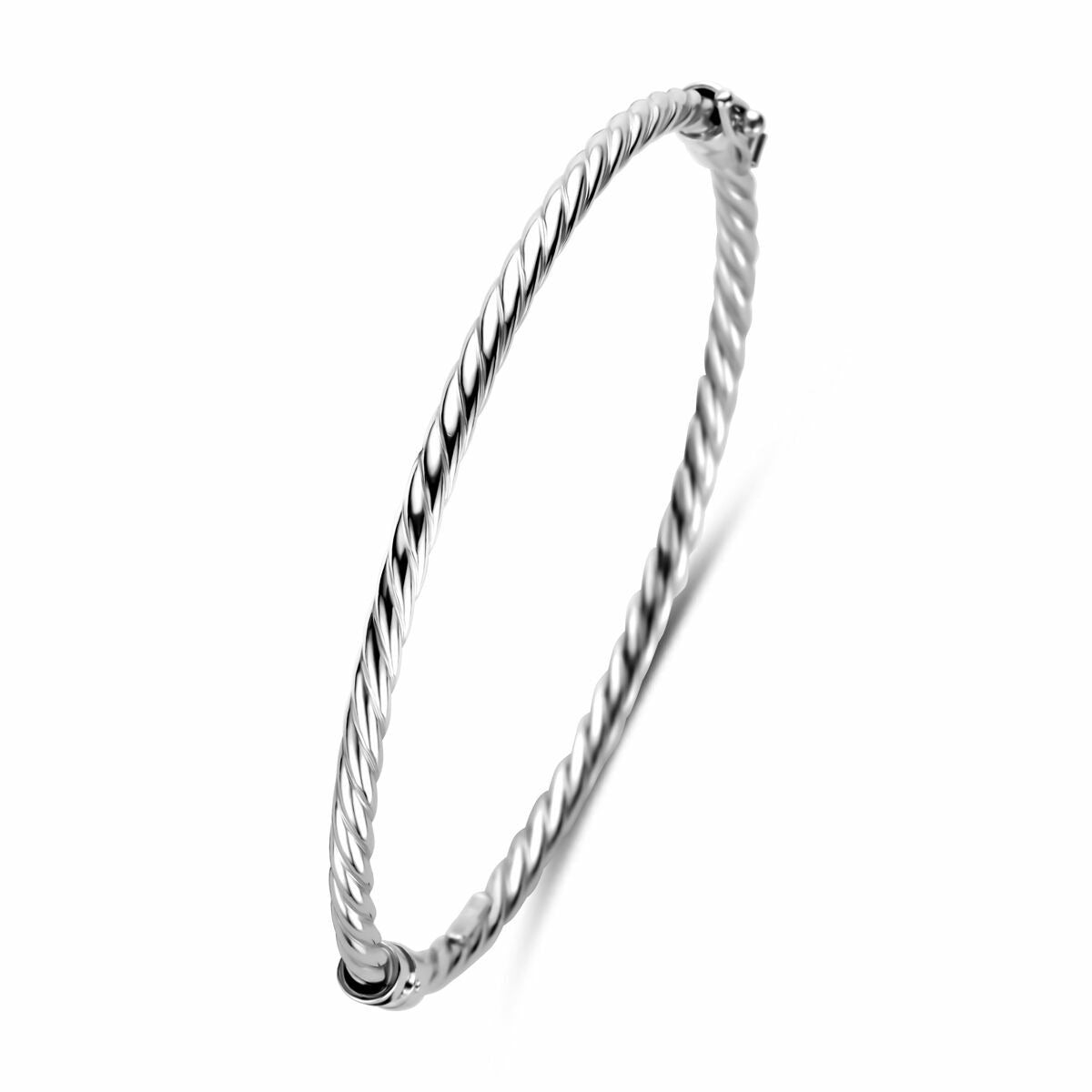 Srebrna bransoletka bangle, skręcona, z rhodowanym wykończeniem, wykonana z metalu 925.
