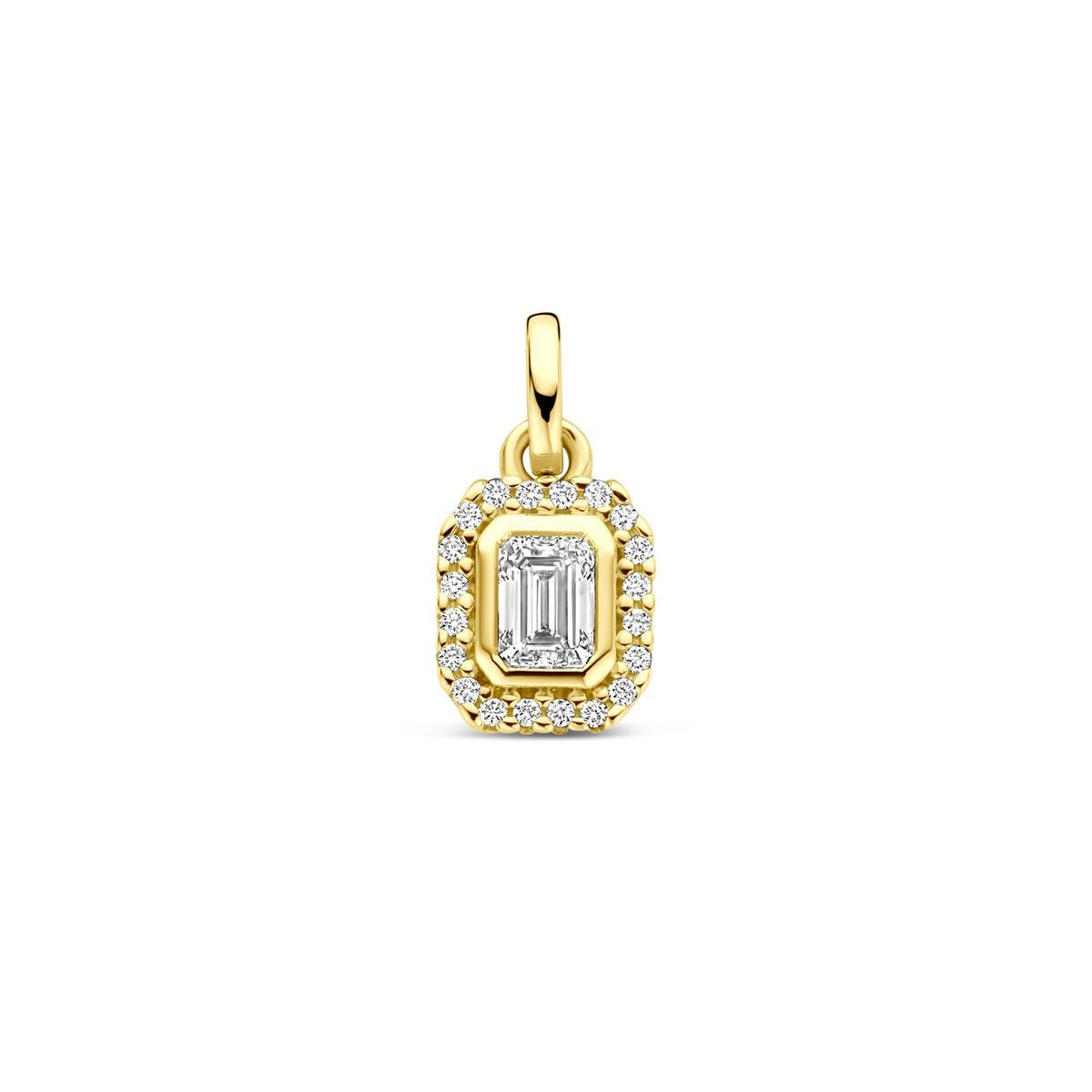 Geelgouden hanger met een emerald geslepen diamant omringd door kleine briljant geslepen diamanten.