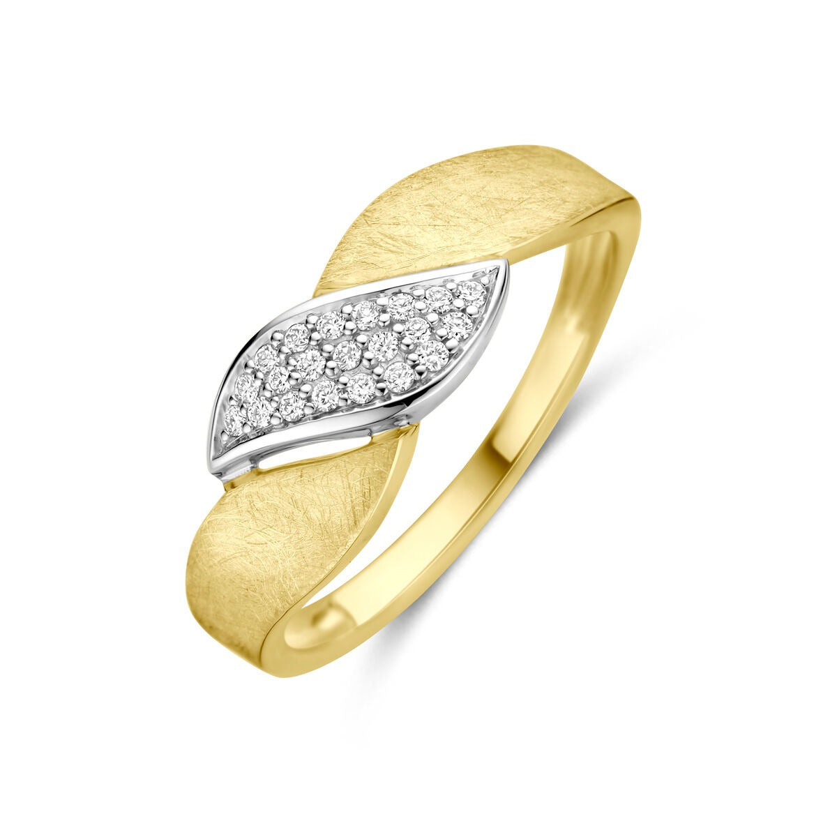 Złoty pierścionek bicolor z matowym wykończeniem i diamentami 0,08 ct w srebrnej oprawie.