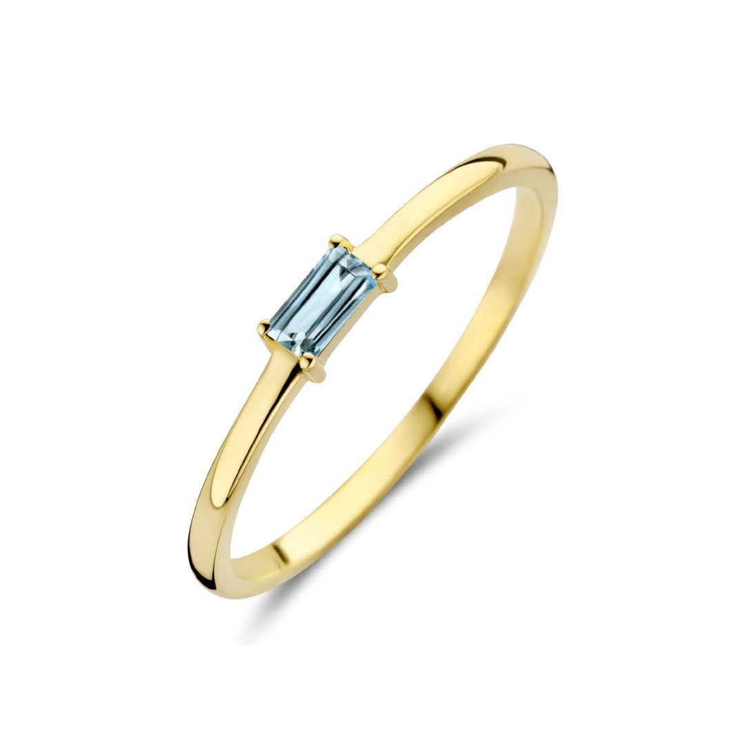 14k geelgouden ring met baguette geslepen aquamarijn