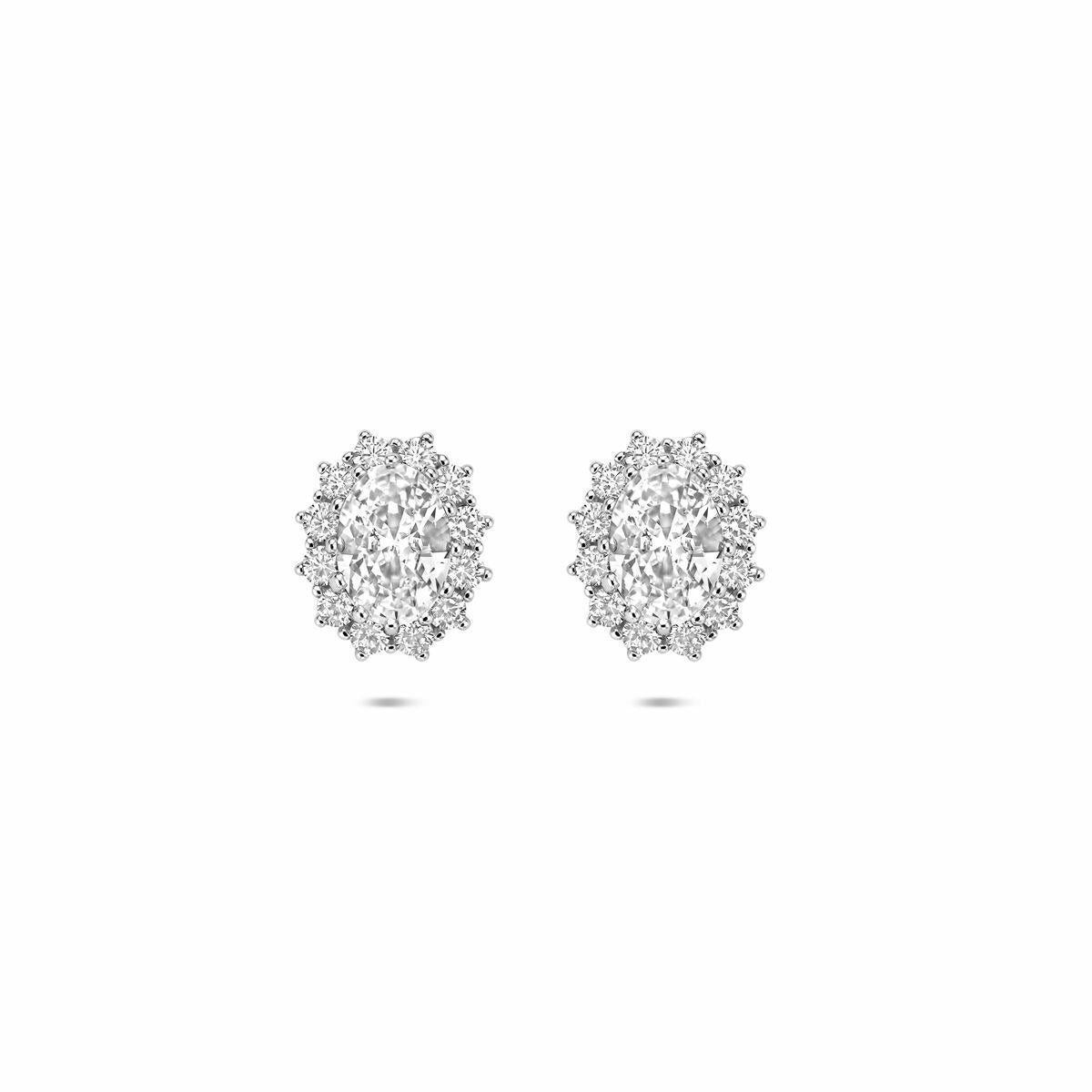 Zilveren oorknoppen van gerhodineerd 925 zilver met zirkonia, bloemvormig design.